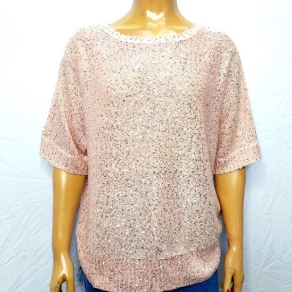 NWT Emaline Pink Pullover Sequin Short‎ Sleeve Sweater Blouse Size XL - Picture 6 of 16